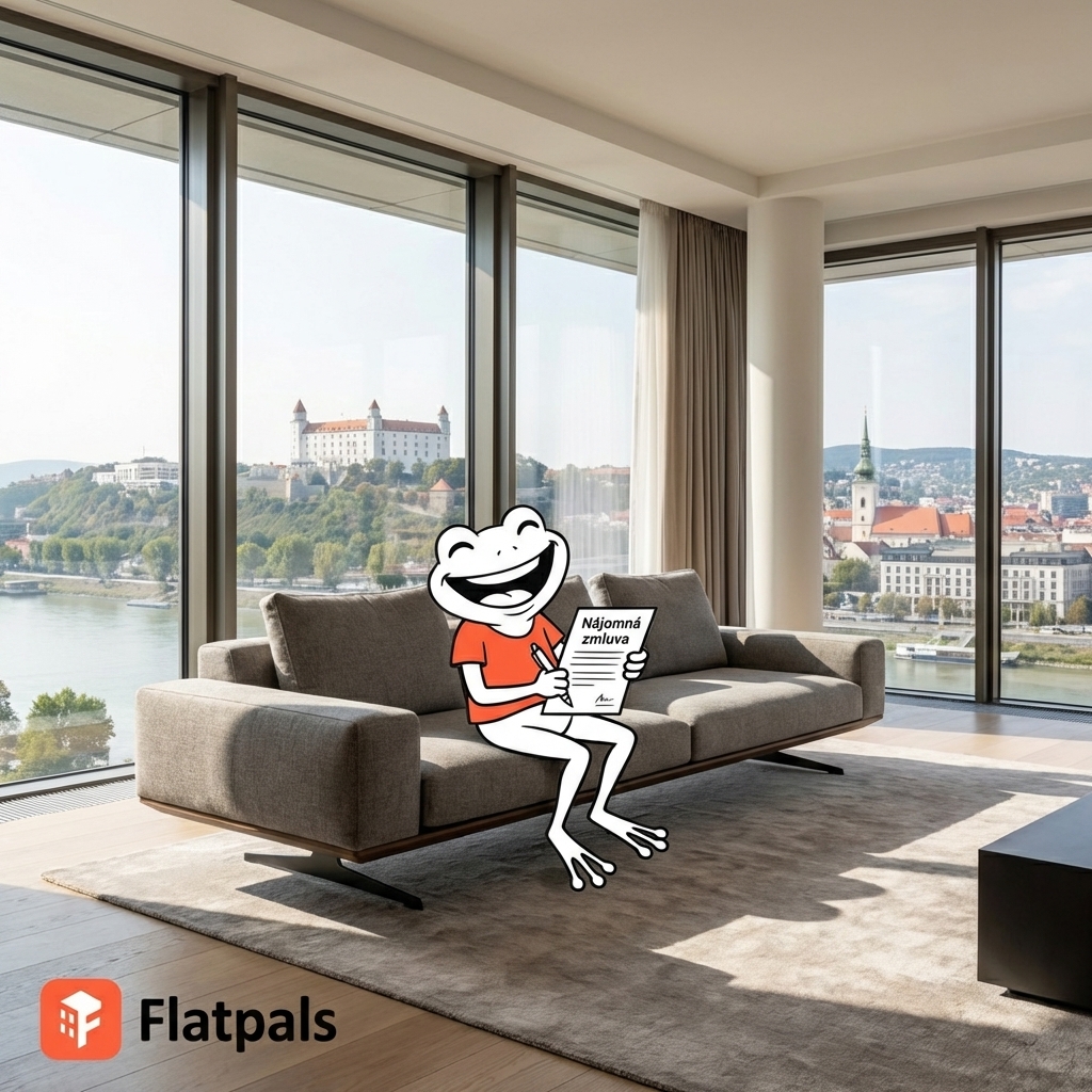Maskot Flatpals s panoramatem Bratislavy