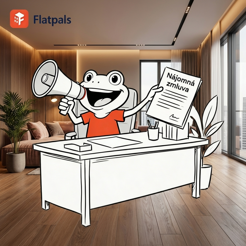 Maskot Flatpals v potemnělém prázdném pokoji