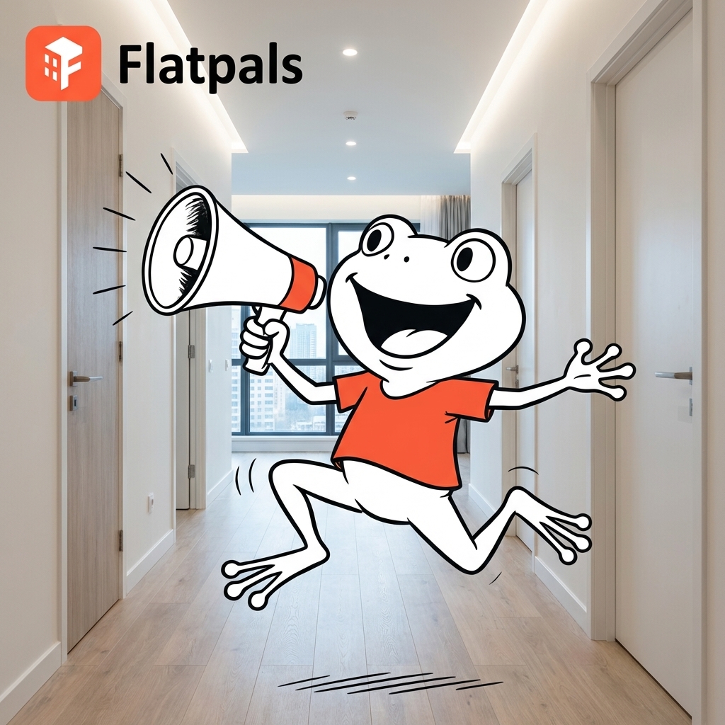 Maskot Flatpals se šťastným výrazem a zesilovačem